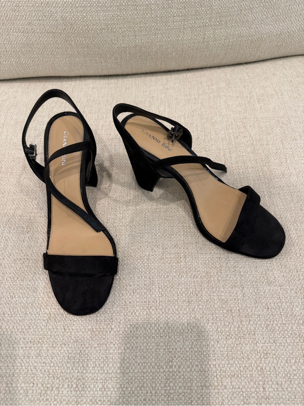 Gianni Bini Black Strappy Mid Block Heel Sandals